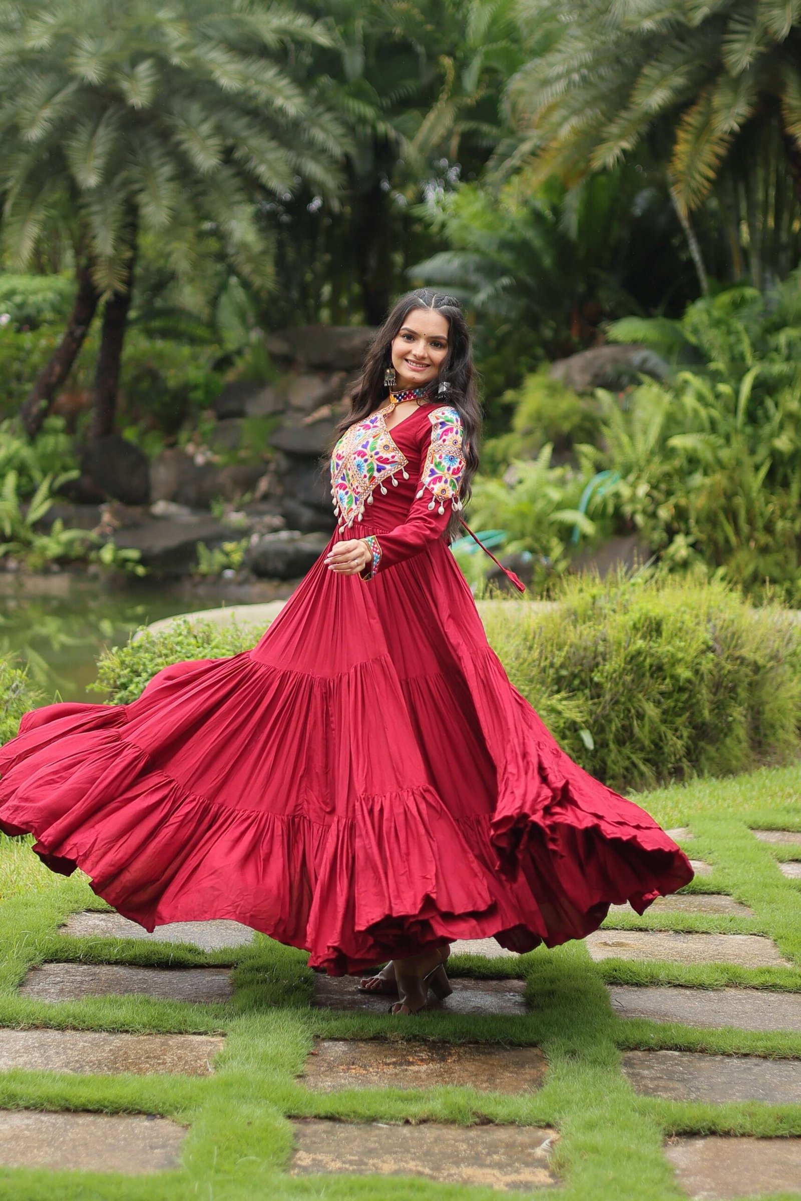 Maroon Reyon Partywear Gown with Kutchi Gamthi Work - Image 7