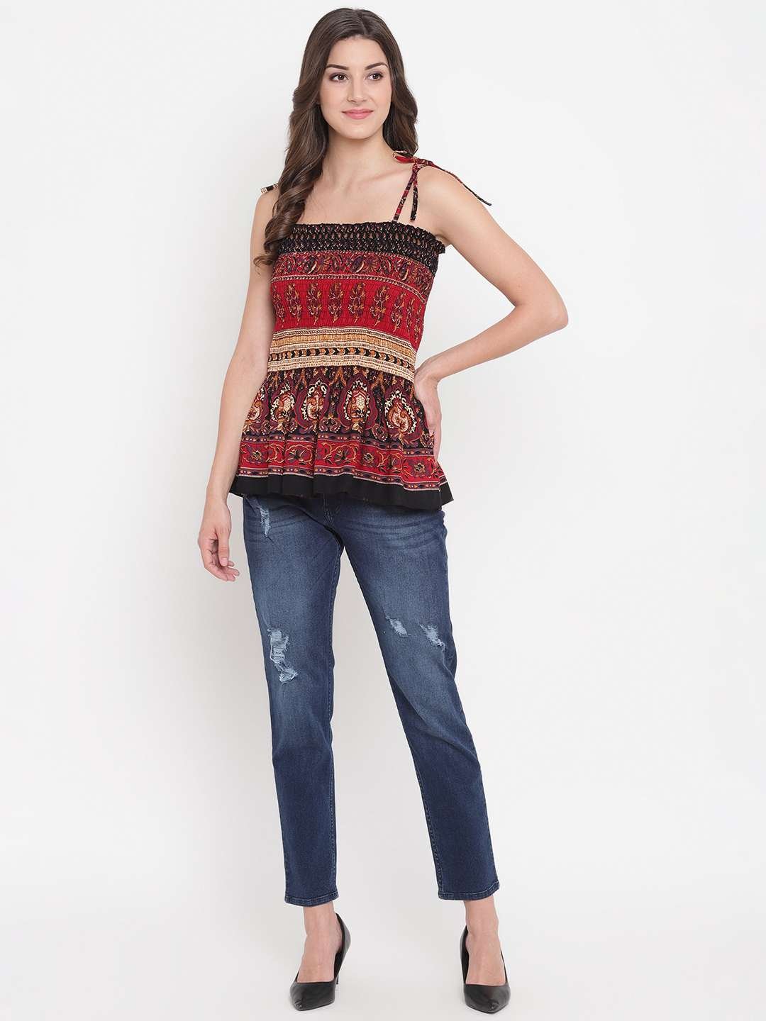 Women's Rayon Printed Casual Summer Style Tie Shoulder Straps Free Size Tank Top ( Multi6) - Image 3