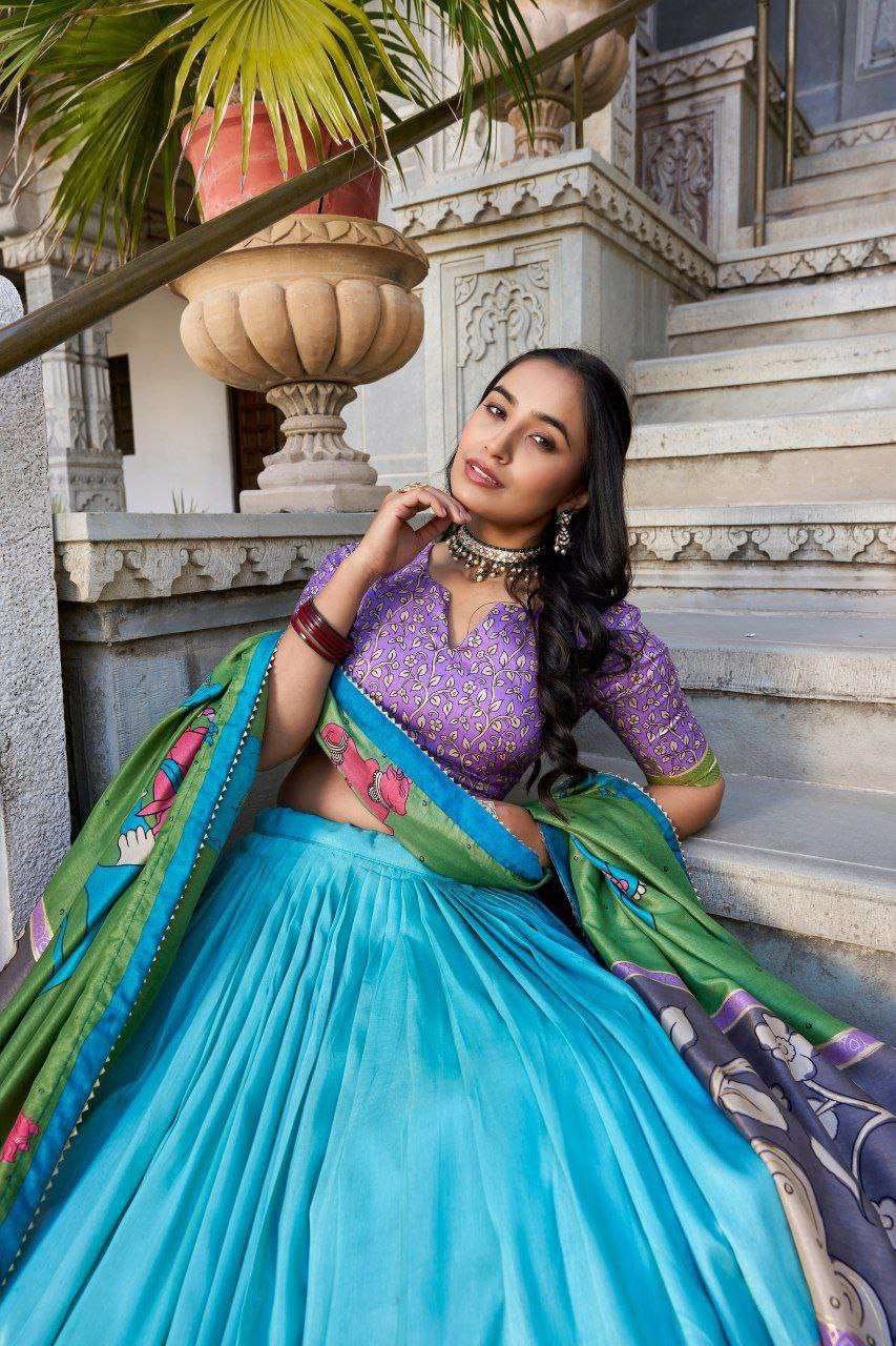 Sky Blue Tussar Silk Lehenga Choli with Purple Blouse | Kalamkari & Foil Work | Wedding & Festive Wear - Image 2