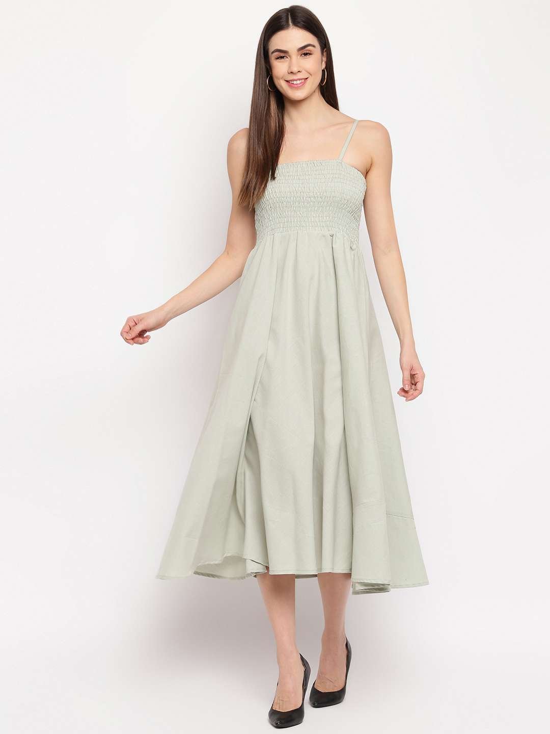 Women's Viscose Rayon Solid Shoulder Straps Sleeveless Flared Gown Drees (Light Grey) - Image 5