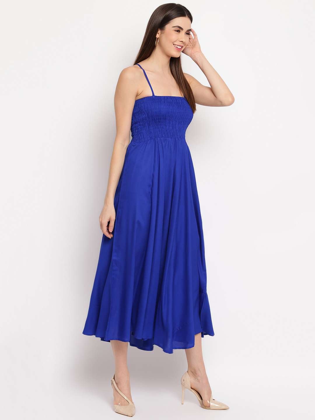 Women's Viscose Rayon Solid Shoulder Straps Sleeveless Flared Gown Drees (Royal Blue) - Image 2