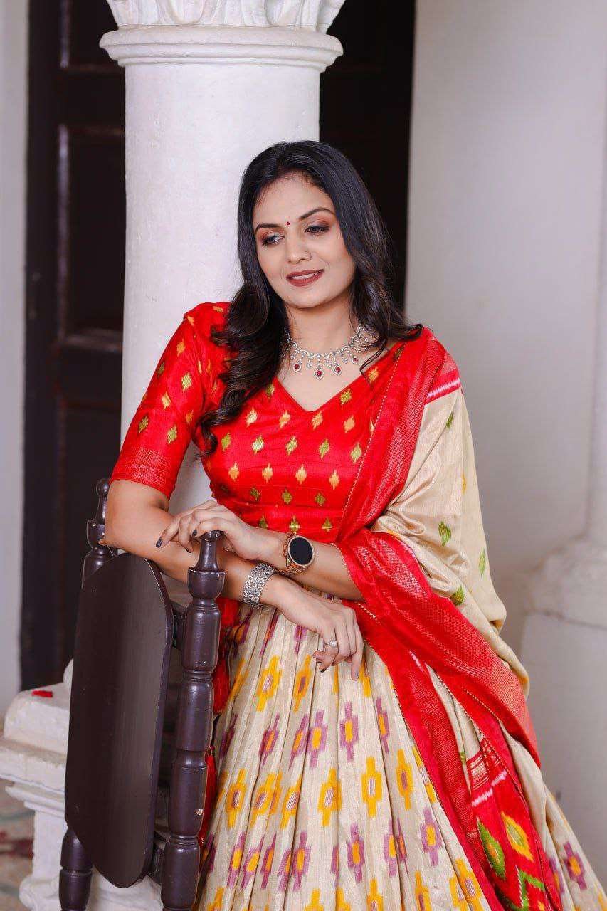Scarlet Yellow Dola Silk Lehenga Choli with Red Blouse | Patola Print & Foil Work | Wedding & Festive Wear - Image 3