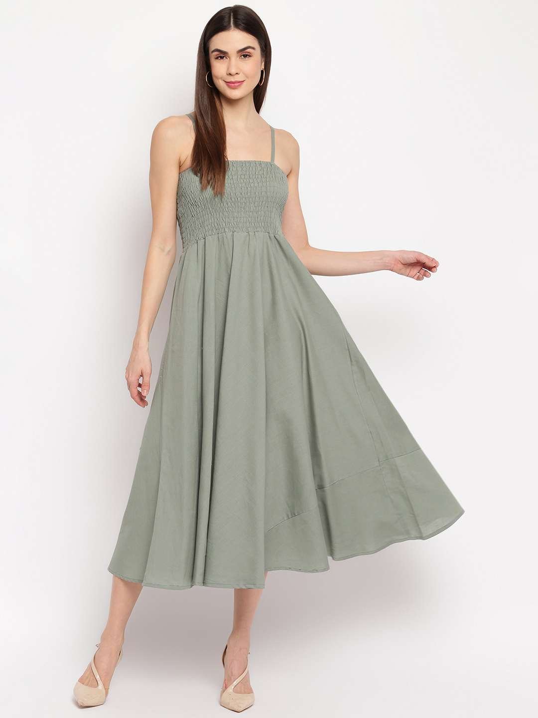 Women's Viscose Rayon Solid Shoulder Straps Sleeveless Flared Gown Drees (Pista)