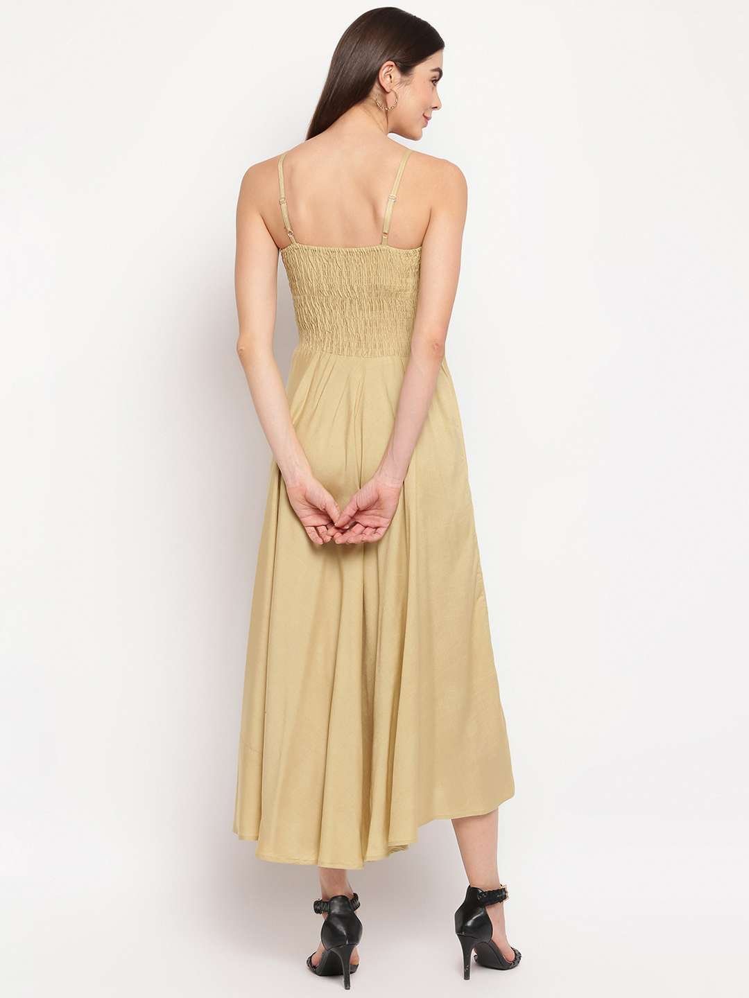 Women's Viscose Rayon Solid Shoulder Straps Sleeveless Flared Gown Drees (Beige) - Image 3