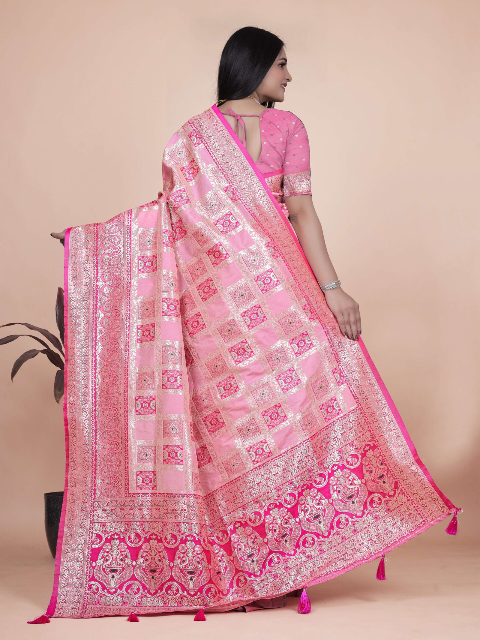 Baby Pink Banarasi Silk Saree with Silver Zari Weaving | Wedding & Festive Wear | Elegant Traditional Designer Saree - Image 6