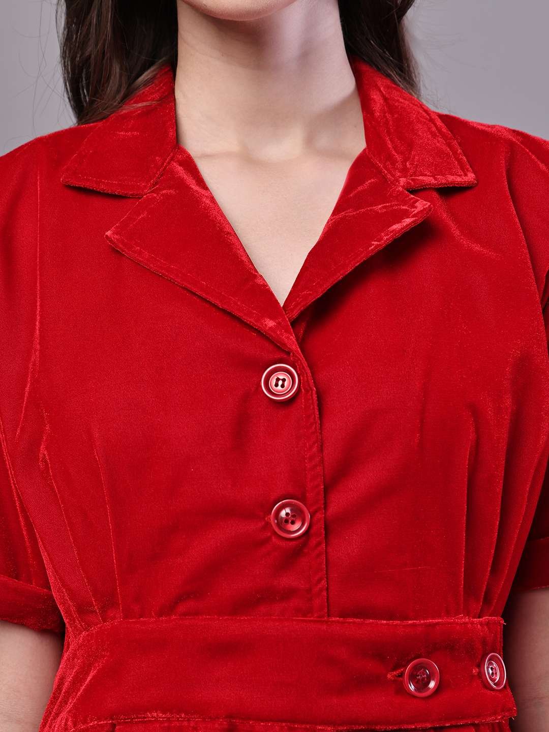 Women's Red Velvet Solid Printed Shirt Midi Dress with Belt - Image 4