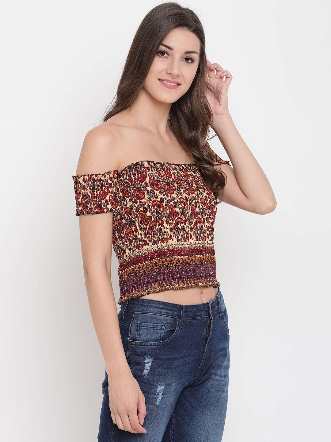 Women's Rayon Printed Off-Shoulder Smocked Crop Top Short Sleeve Casual Styles Tank Top (FREE SIZE) Multi3