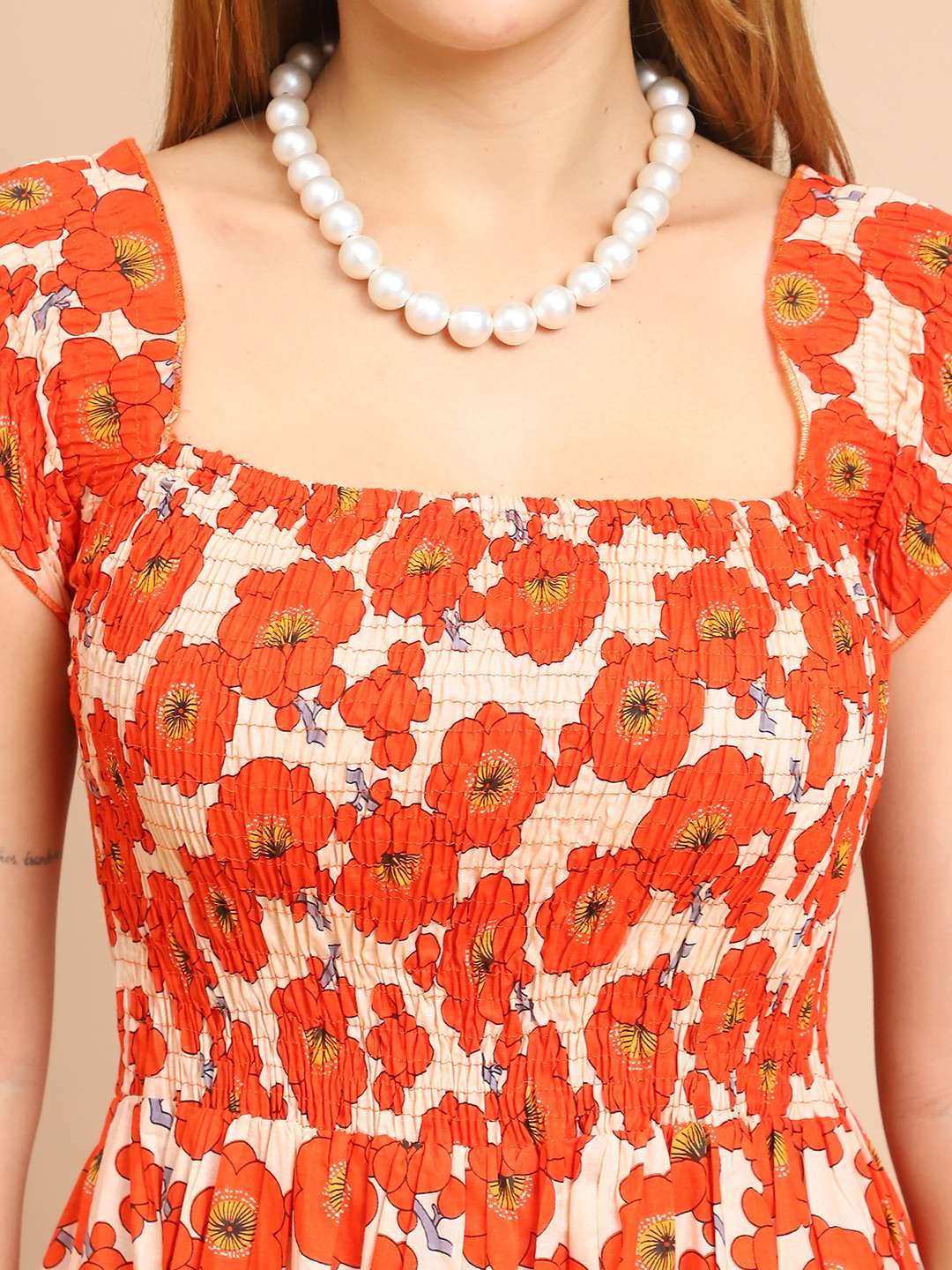 Women's Viscos Rayon Printed Off Shoulder Midi Dress For Summer And Casual Wear (Orange Floral) - Image 5
