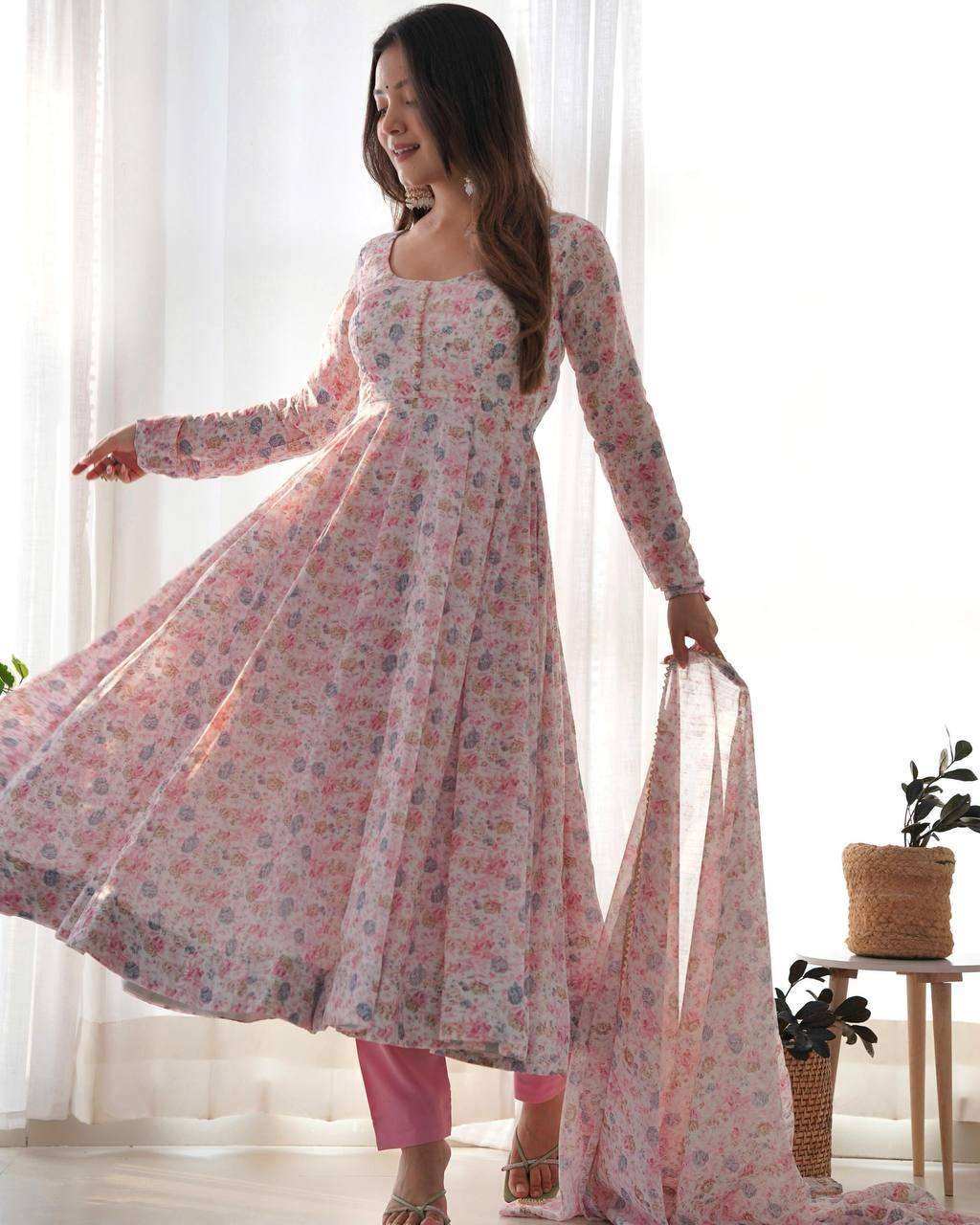 Womens Crunchy Silk Anarkali Kurti with Pant & Dupatta Set - Image 3